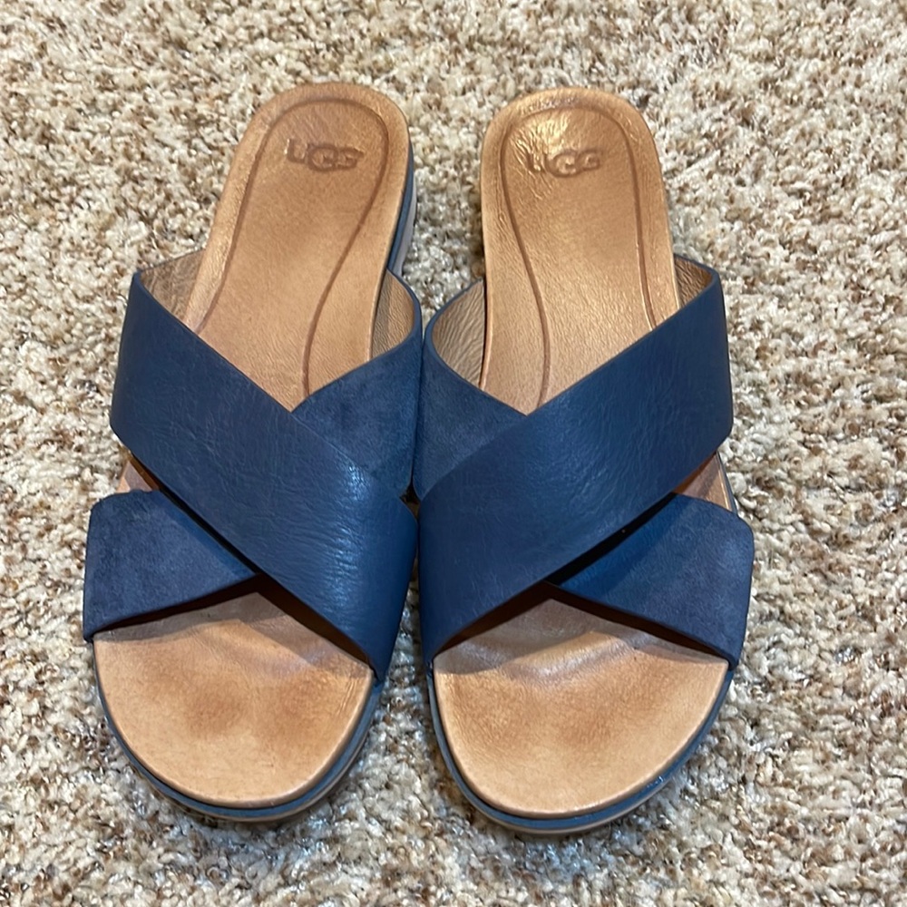 Navy Blue Leather UGG Slides